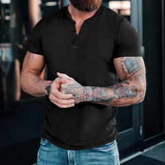 HEARUJOY  -  Men's European Size 3 Button Henry Round Neck Short Sleeve Slim Solid Color Thin T-shirt
