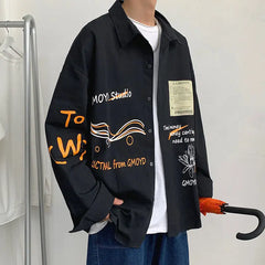 Hearujoy Shirt Men's Coat Korean Style Trendy New Print Splicing Long Sleeved Casual Loose Workwear Shirt Men