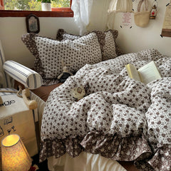 YICKYUE  -  Ins Princess Bedding Sets Vintage French Pastoral Flowers Lace Ruffles Girls Duvet Cover Set Pillowcase For Home Bedroom