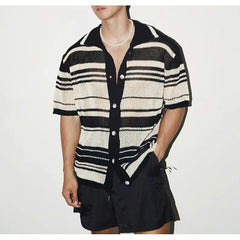 HEARUJOY  -  Summer New Fashion Casual Breathable Hollow Out Knitted Polo Shirts Men Striped Crochet Knitting Tops Vintage Mens Clothes