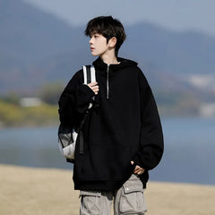 HEARUJOY  -  Spring Casual Hoodie Mens Half Zip Pullover Pure Color Streetwear Oversize Comfort Loose Fit Trending Hooded Sweatshirt