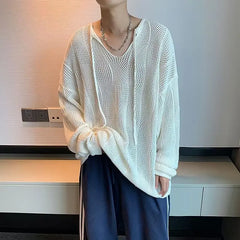 HEARUJOY  -  Men V-neck Long Sleeve Knit Shirts Loose Elastic Hollow knit Sweater T-shirt Slightly Transparent Knitted Sweaters Streetwear