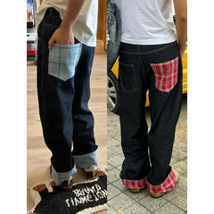 Hearujoy American plaid splicing hemmed jeans for women street style hip hop high waist black straight wide leg loose casual trousers
