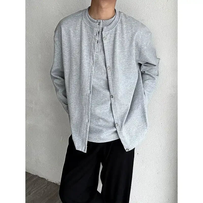 HEARUJOY  -  Autumn New Style Lazy Style Minimalist Casual Loose Fake Two Piece Hoodie Cardigan Men Solid Color Henley Neck Top Jacket