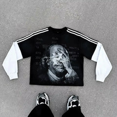 Hearujoy Y2K Affliction New American Retro Washed Men Long-sleeved Round Neck Fake Two piece Shirt Skull Print Trend Street Casual Shirt