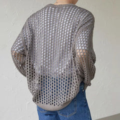 Hearujoy 2024 New Men's Vintage Loose Smock Tops Summer Fashion All-match Casual Geometic Hollow Out Outfits See-though Knit Shirts