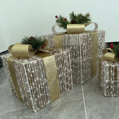 YICKYUE  -  3pcs/set Christmas Glow Gift Box With Bow Christmas Lighting Box Merry Christmas Iron Ornament Xmas Home Tree Party Decroation