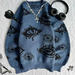 Hearujoy Gothic Punk Oversized Eye Pattern Sweaters for Men and Women Autumn and Winter Thickened Sweatshirts Knitted Sweater Streetwear