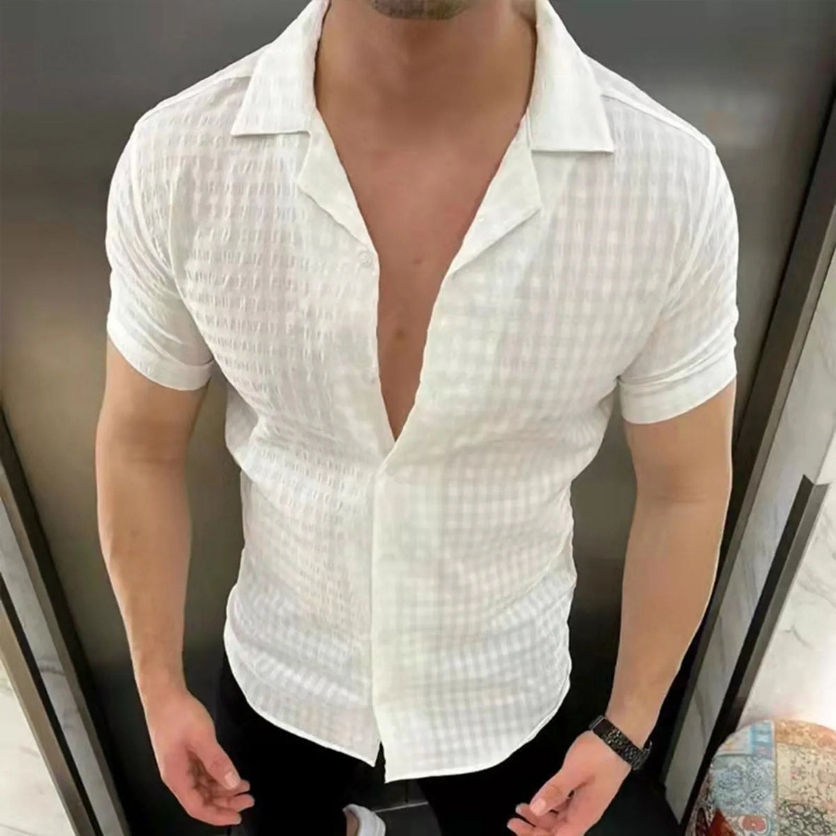 YICKYUE  -  Elegant Roll-Up Sleeves Men'S Button Down Shirt Mens Fashion Casual Solid Color Button Lapel Shirt Short Sleeve Ropa Hombre