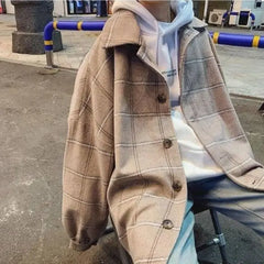 Hearujoy Coat for Male Students Korean Style Trendy Plaid Loose Woolen Brand Middle-aged and Young Jacket Woolen Coat