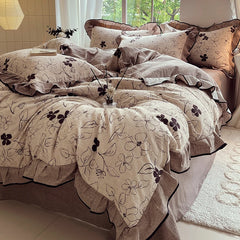 YICKYUE  -  4-pcs Set with Linen Touch, Pure Polyester Material Ruffled Romantic Bow Design Girl Woman Bedroom Bedding Set Colored Flowers