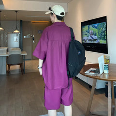 HEARUJOY  -  Summer Set Men's Casual Single Breasted Short Sleeve Shirt Shorts Loose Fashion High Quality Sweatshirt Suit