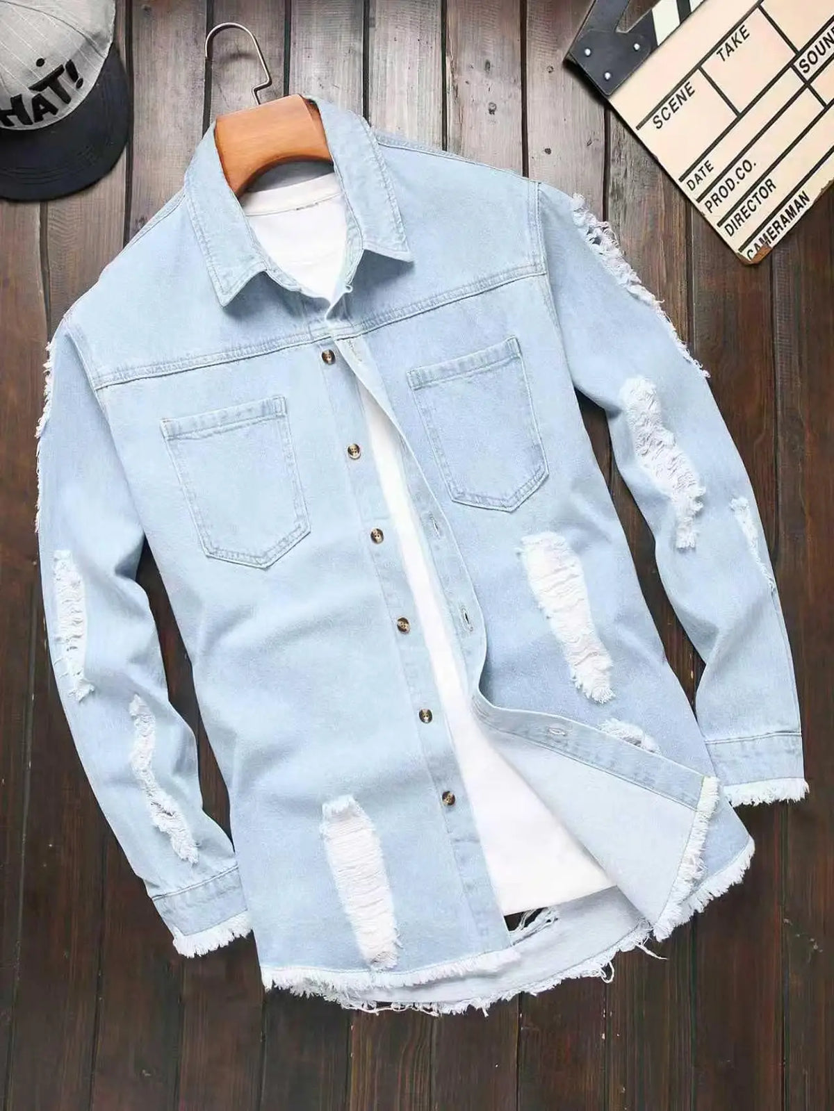 HEARUJOY  -  Men's Light Blue Ripped Distressed Washed Denim Long - Sleeve Shirt for Spring and Autumn