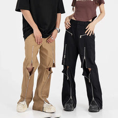 Hearujoy Design Zipper Slit Men Trousers Techwear Straight Tube Casual Black Wide Leg Pants Male Hole Loose Streetwear Hip Hop