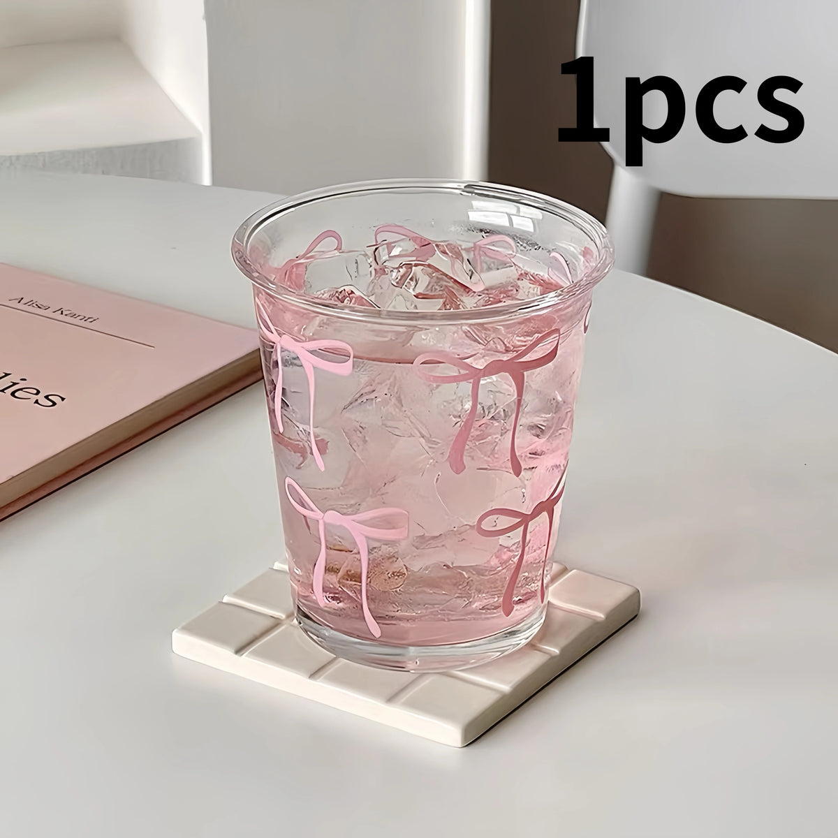YICKYUE  -  Bow Glass Cup Cute Water Cup Cartoon Bow Glass Cup Striped Cute Doodle Coffee Mug Household Fruit Tea Lemonade Girls Gift