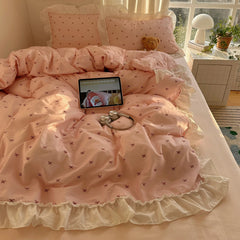YICKYUE  -  3/4Pcs Bedding Set Korean Princess 100% Cotton Pink Bed Sheet Ruffle Couple Quilt Duvet Cover Beddings Sets Full For Home