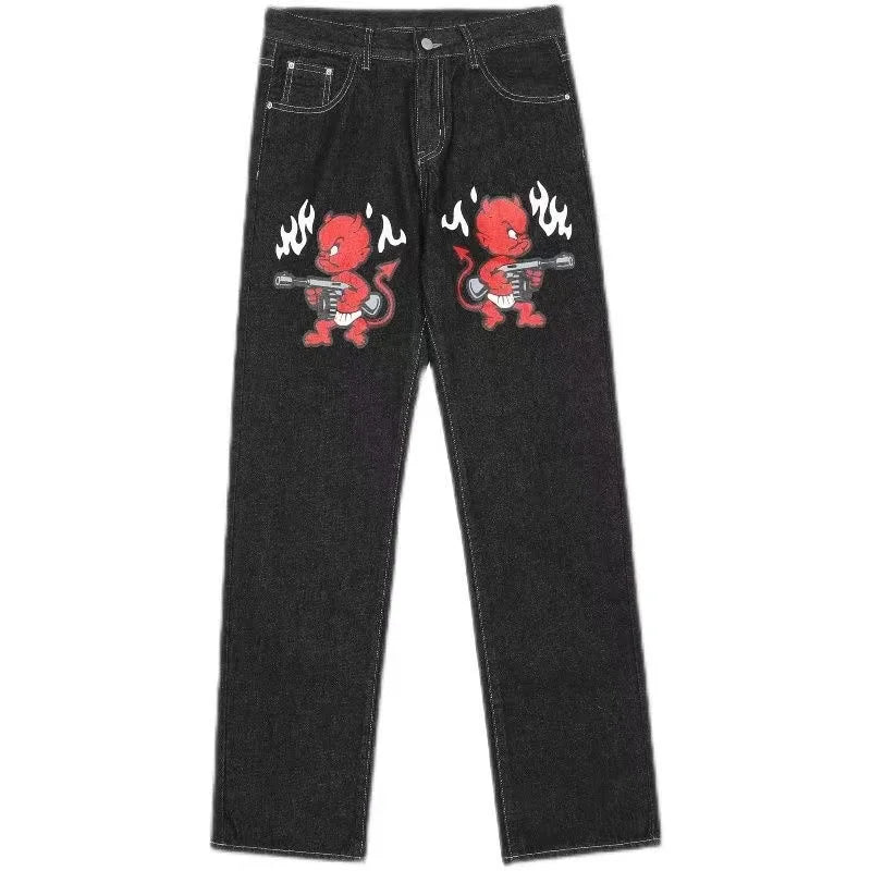 Hearujoy Goth Graphic Letter Embroidered Jeans Y2K Harajuku Hip Hop Vintage Baggy Jeans Mens Womens High Waist Straight Wide Trousers