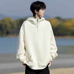 HEARUJOY  -  Spring Casual Hoodie Mens Half Zip Pullover Pure Color Streetwear Oversize Comfort Loose Fit Trending Hooded Sweatshirt