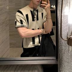 Hearujoy Mens Casual Striped Knitted T-Shirt Genderless Fashion Personality Versatile Streetwear Comfortable Short Sleeve Top Unisex
