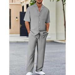 HEARUJOY  -  Summer Men Casual Two Piece Sets Blouse and Solid Basic Pants Suit Male Beach Tracksuits Solid Loose Suits For Male Outfits