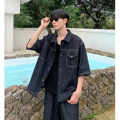 HEARUJOY  -  Cowboy Retro Set Mens Summer Big Pocket Washed Denim Shirt+loose Wide Leg Seven Quarter Jeans 2-cps American Street Unisex Suit