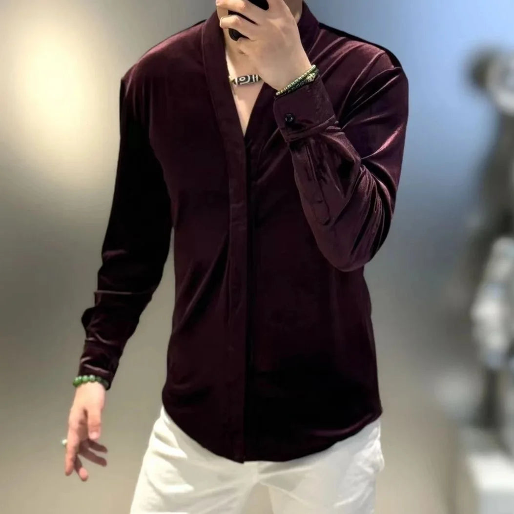 YICKYUE  -  Retro Velvet Shirt For Men Spring Autumn V-neck Long Sleeve Versatile Top Fashion Light Luxury Vintage Mature Shirts Streetwear