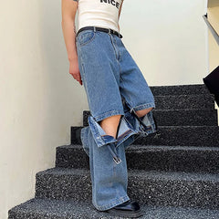 Hearujoy Belt Male Jeans Personalized Buckle Design  Patchwork Washed Solid Color Men's Denim Pants Spring Stylish 9A8918