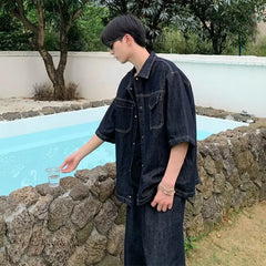 HEARUJOY  -  Cowboy Retro Set Mens Summer Big Pocket Washed Denim Shirt+loose Wide Leg Seven Quarter Jeans 2-cps American Street Unisex Suit