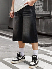 HEARUJOY  -  Men Streetwear Baggy Jorts Low Waist Cropped Black Jeans Distressed Y2k Casual Wide Pants Denim Shorts Male Trousers
