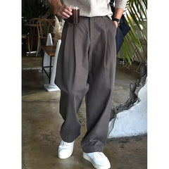 HEARUJOY  -  Casual Men's Pleated Dark Grey Western Pants Buckle Design Wide Leg Pants Versatile Long Trousers for Business And Leisure