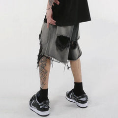 Hearujoy High Street Loose Washed Old Ripped Shorts American Retro Shorts Summer Street Y2K Hip Hop Tassel Wide Leg Casual Denim Shorts