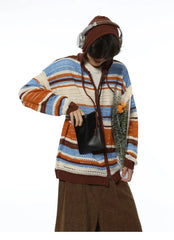 HEARUJOY  -  American Striped Cardigan Mens Spring Summer Color Block Sunscreen Hooded Sweater Jacket Hollow Zipper Retro Knitted Shirt