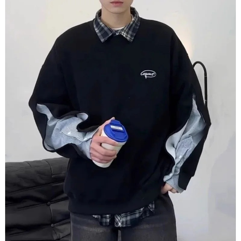 HEARUJOY  -  American Fake Two-piece Round Neck Sweatshirt Spliced Shirt Retro Design Loose Couple Jacket