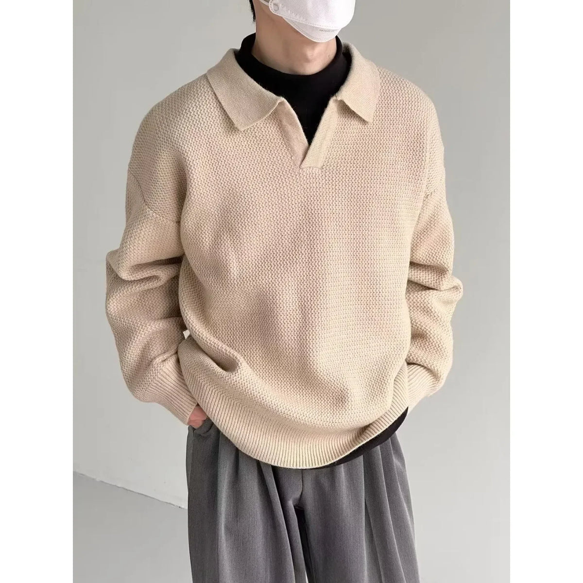 HEARUJOY  -  Men Polo Collar Knitted Sweater Long Sleeve Pullovers Loose Fit Jumpers Solid Streetwear Sweaters 2025 New Winter Slight Strech