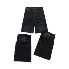 Hearujoy Vintage Washed Detachable Flared Cargos Mens Straight Casual Baggy Overalls Oversized Streetwear Boot Cut Black Color Trousers