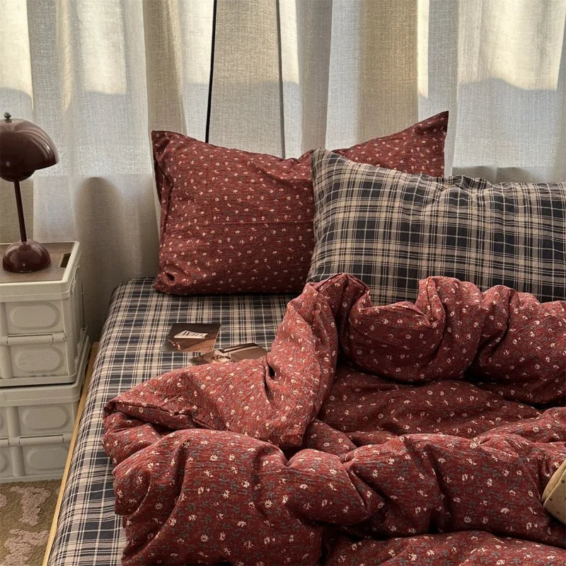 YICKYUE  -  3/4pc Vintage Little Floral Bedding Set Soft Washed Cotton Duvet Cover Set Grid Bed Sheet+Pillowcases for Single Full Queen Home