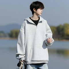 HEARUJOY  -  Spring Casual Hoodie Mens Half Zip Pullover Pure Color Streetwear Oversize Comfort Loose Fit Trending Hooded Sweatshirt