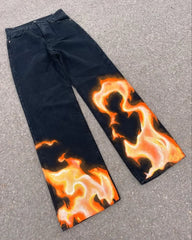 HEARUJOY  -  Classic Fashion Flame Print Trousers Men Y2k Goth Hip-hop Rock Punk Loose Personality High Waist Wash Oversized Jeans Women