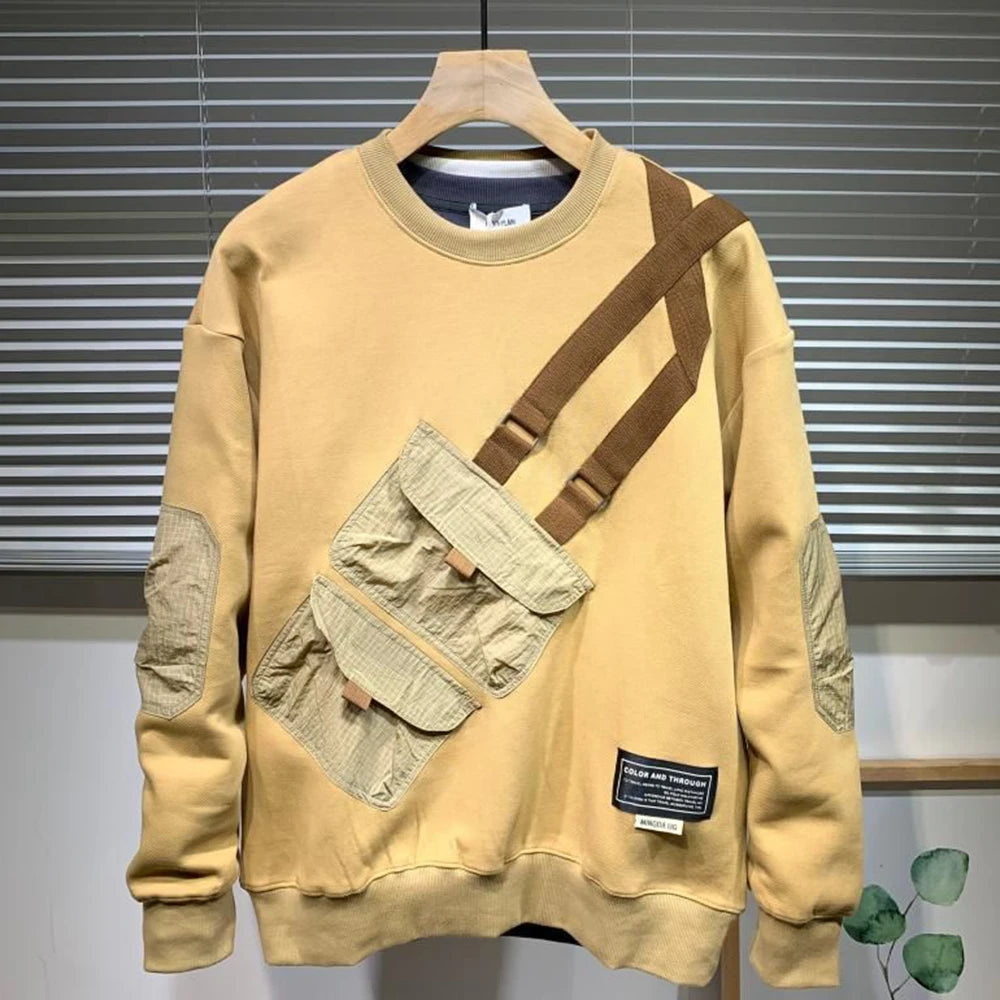Hearujoy Men's Casual Sweatshirts Fashionable Street Hip-Hop Stitched Japanese Style Round Neck Long-Sleeved Tops For Spring And Autumn