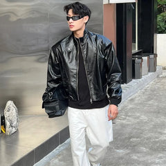 HEARUJOY  -  Spring New Mens Leather Jacket Stand Collar Korean Fashion Loose Hip Hop Motorcycle Coats Outdoor Racing Suit Tops Trend