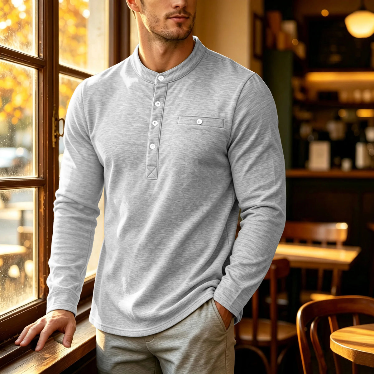 YICKYUE  -  American Retro Henry Collar Tshirts Mens Long Sleeved Button Placket Pocket Polo Shirts Spring Autumn Casual Loose Knit Tee Top
