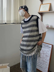 Hearujoy Striped Mesh Vest for Men Vintage Knit Tank Tops Sleeveless Tee Male Casual Summer Beach Japanese Streetwear Hip Hop