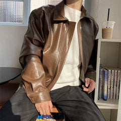 Hearujoy Korean Streetwear Autumn Winter Men's Clothing Oversize Coat Loose Casual PU Leather Jacket Coat Male Zipper Lapel Clothes