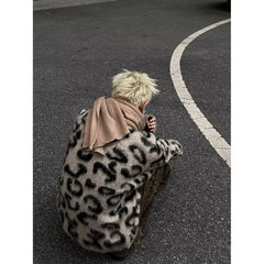 Hearujoy Mohair Sweaters Men Fleece Leopard Korean Thicken Warm Knitting Winter Animal Print Long Sleeve Pullovers Streetwear