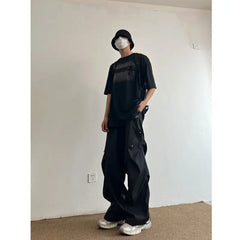 Hearujoy Extra Large Work Pants for Men with a Niche Design Sense Pleated Paratrooper Pants Rugged and Handsome Loose Straight Leg Casual