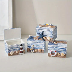 YICKYUE  -  4pcs Mediterranean Wooden Storage Box Jewellery Organiser Small Wooden Box From Ocean for Beach-Themed Displays Home Decoration