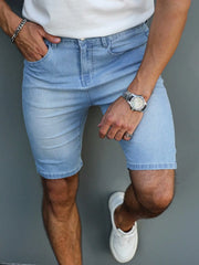 HEARUJOY  -  Blue washed men's denim shorts, featuring a casual style, with a length of knee-length shorts, suitable for summer wear.