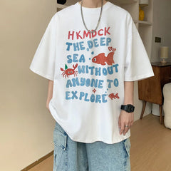 YICKYUE  -  Mens Oversized T Shirt White 5XL Men's Cotton T-shirts Summer Casual Wear Fish Letter Print Tee Shirts for Men Male Clothes