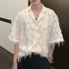 Hearujoy Men Shirt Solid Tassel Transparent Lapel Short Sleeve Casual Tops Summer Streetwear Korean Sexy Shirts Fringe LGBT Unisex Blouse