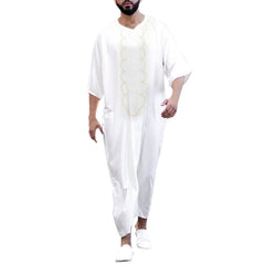 HEARUJOY  -  Comfort Regular Fit Men'S Slim Fit Shirt Male Casual Arab National Print Robe V Neck Middle Sleeve Split Hem Blouse Robe рубашка